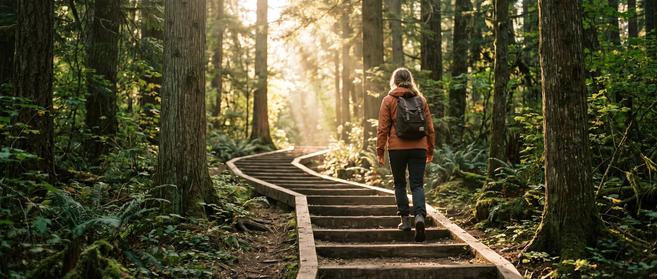 Personne qui avance sur un sentier d’escaliers de bois en forêt, dans la lumière du matin